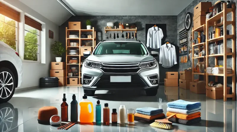 A clean and shiny car parked in a home garage, surrounded by various DIY car detailing products such as wax, polish, microfiber cloths, and brushes. The garage has a bright, organized look with shelves holding the detailing products, and the car gleams under good lighting, showcasing a professional shine. The setting is inviting and shows the potential for achieving a professional car shine at home using DIY products.