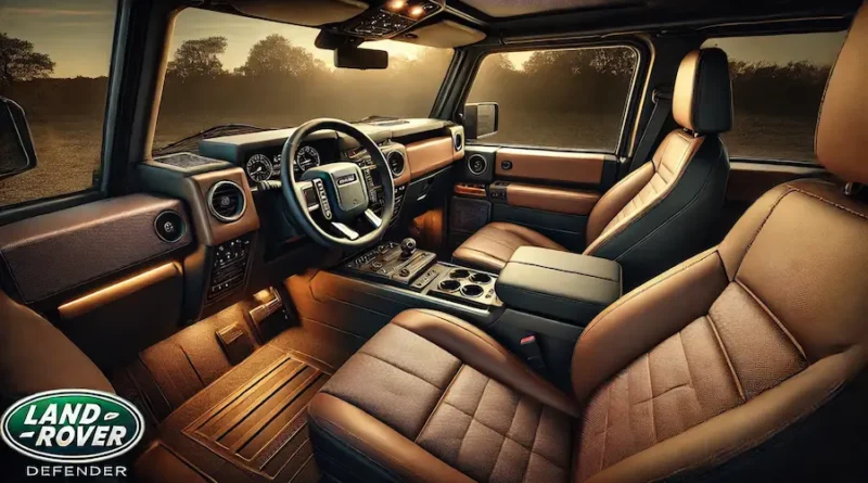 An elegant and rugged interior of a Land Rover Defender. The interior features luxurious leather seats that are adjustable and easy to clean. The dashboard is a blend of modern technology and classic design, with a high-resolution touchscreen and intuitive controls. Ambient lighting adds a warm and inviting atmosphere. Practical storage compartments are strategically placed throughout the cabin. The materials used are a mix of high-quality leather, wood, and metal, reflecting both luxury and durability. The interior is spacious, providing ample legroom and headroom, with dual-zone climate control and a premium sound system.