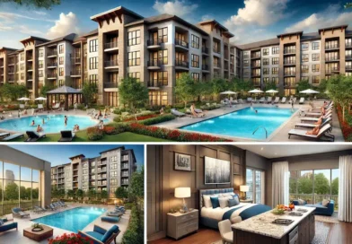 A luxurious apartment complex in Houston, featuring modern design and top-notch amenities. The image should show a beautiful building with landscaped grounds, a sparkling swimming pool with lounging areas, and a well-equipped fitness center. Include a view of the stylish interiors with granite countertops, wood-style flooring, and a private balcony. Also, depict a friendly community environment with residents enjoying the amenities.