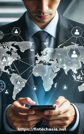 A professional man in a suit looking at a smartphone, with a digital overlay of a world map. The map highlights various locations with icons representing people, indicating global connectivity. Ensure the text 'https://fintechasia.net' is clear and sharp in a modern, tech-inspired font at the bottom of the image.