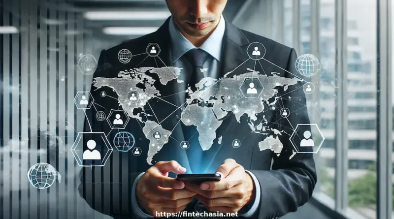 A professional man in a suit looking at a smartphone, with a digital overlay of a world map. The map highlights various locations with icons representing people, indicating global connectivity. Ensure the text 'https://fintechasia.net' is clear and sharp in a modern, tech-inspired font at the bottom of the image.