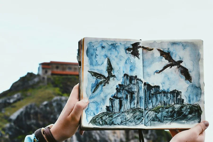 fantasy castle situated on high mountain cliff with dragon flying in clouds
